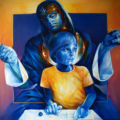 Oil painting Enjoying Father Konsta G. Amelinn: robed figure guides child in needlework