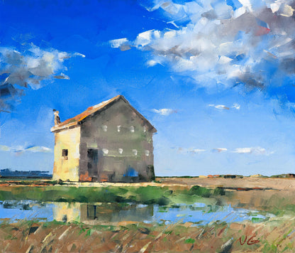 Oil painting Heavenly Mood by Volodymyr Gluhomanyuk: beige stone house under blue sky