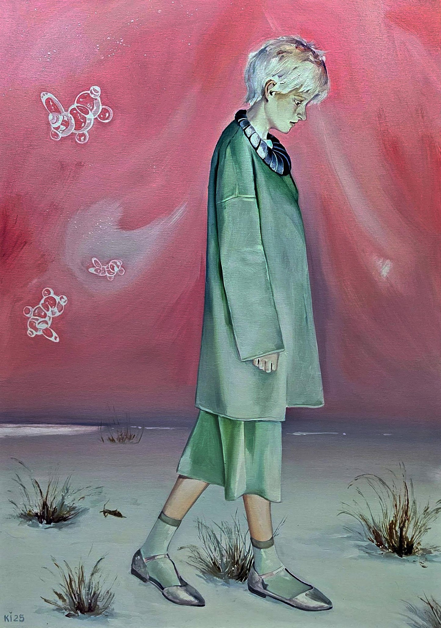 Oil painting by Igor Konovalov of person with short white hair walking in green coat and pants