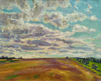 Oil painting On a July day by Leonid Pavlenko: golden field under dynamic sky