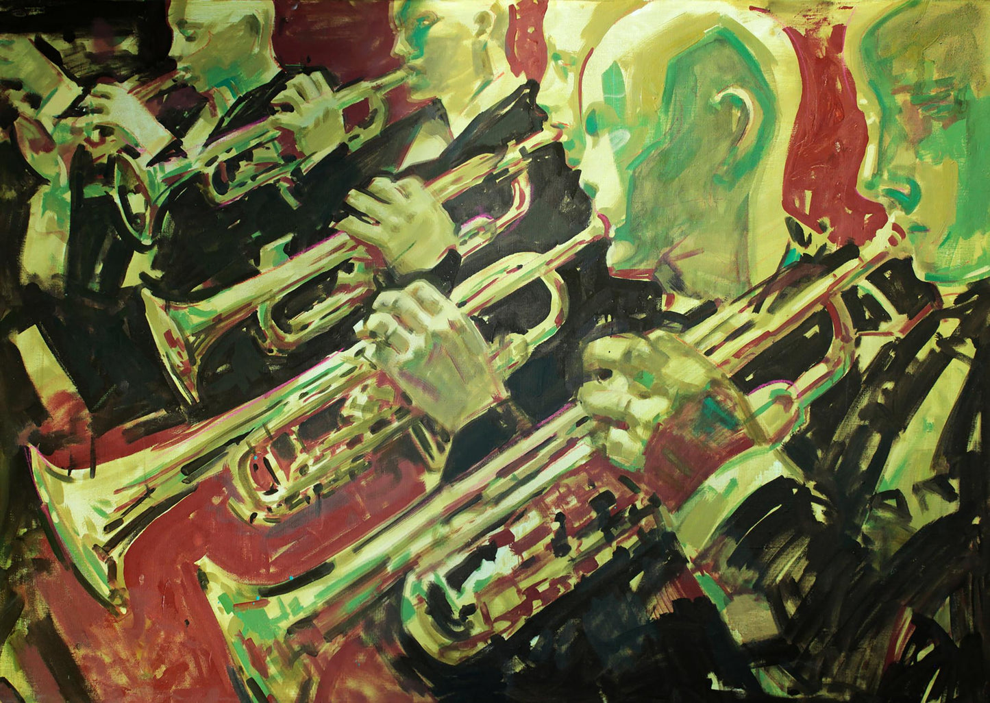 Vibrant abstract oil painting March Ed Potapenkov with brass trumpets in green red brushstrokes