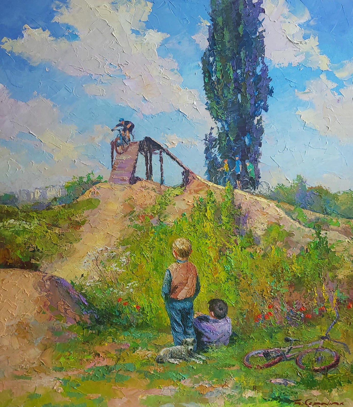 Oil painting Freeride by Boris Serdyuk: sunlit hillside with cyclists