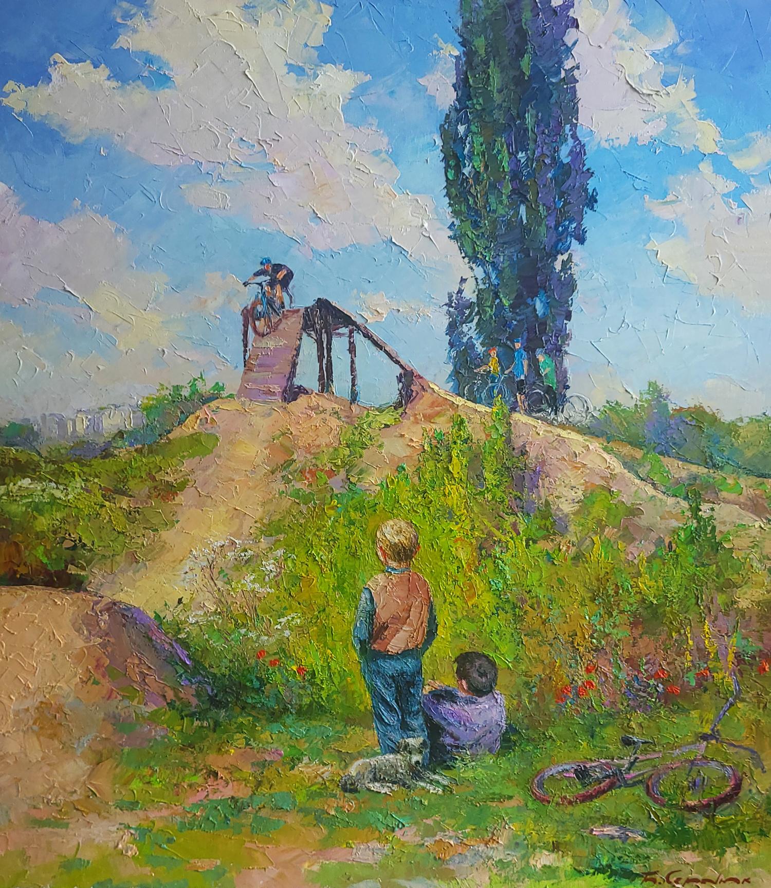Oil painting Freeride by Boris Serdyuk: sunlit hillside with cyclists