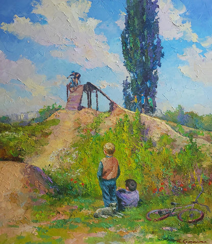 Oil painting Freeride by Boris Serdyuk: sunlit hillside with cyclists