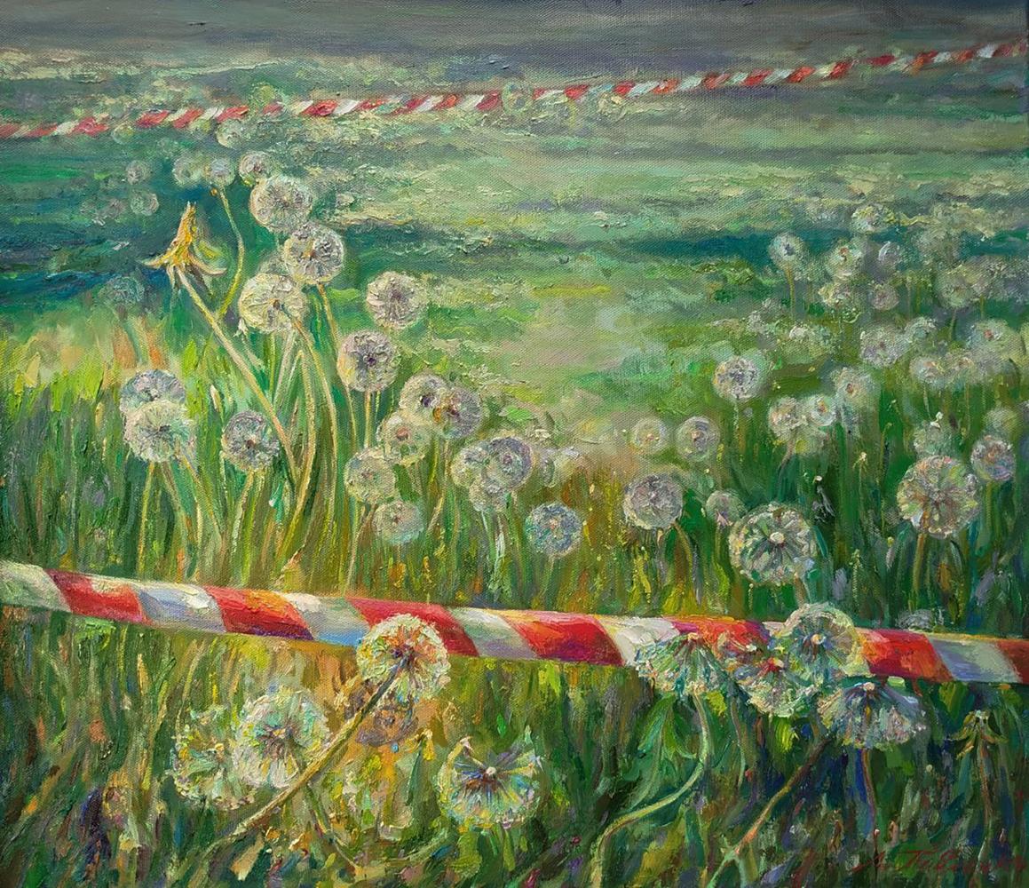 Oil painting of white dandelions field with red-white caution tape by Leonid Pavlenko