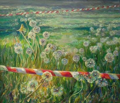 Oil painting of white dandelions field with red-white caution tape by Leonid Pavlenko