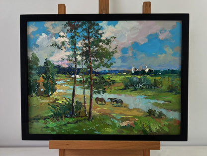 Oil painting Horses by the river by Yuriy Suprunchuk, impressionistic landscape