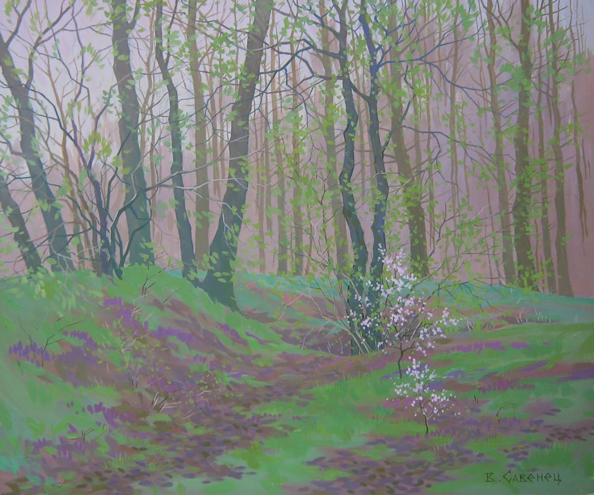Oil painting of spring green forest by Valery Savenets with heather