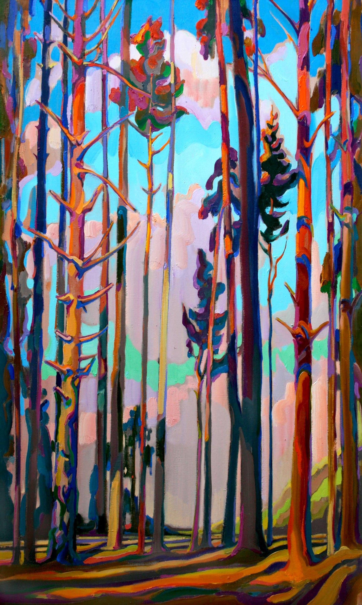 Vibrant oil painting Red pines by Leonid Pavlenko with orange purple trees