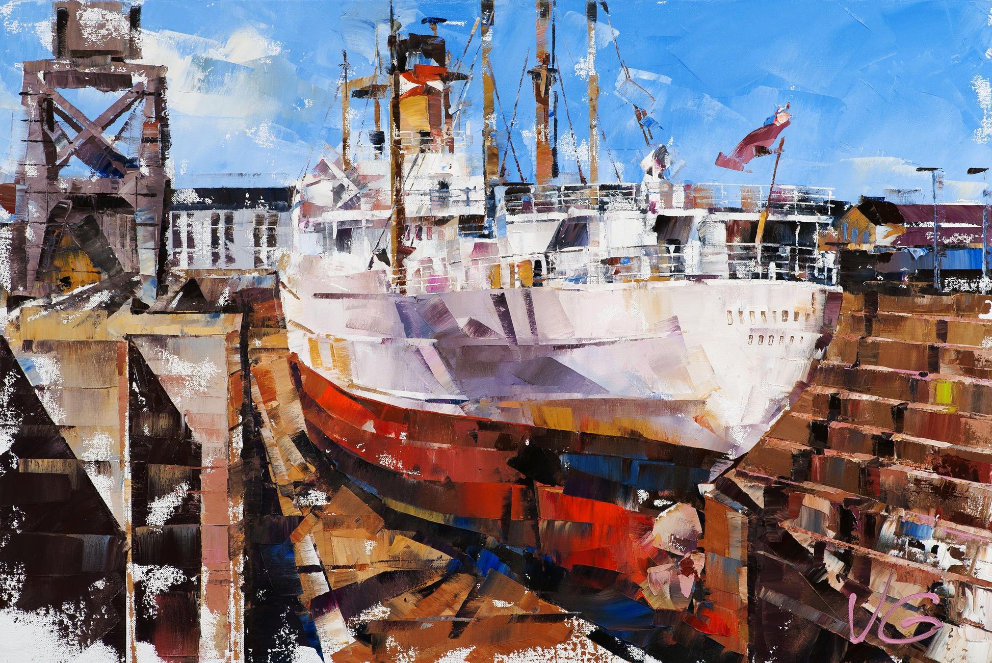 Oil painting of Canadian cargo ship Turrialba in Southampton drydock