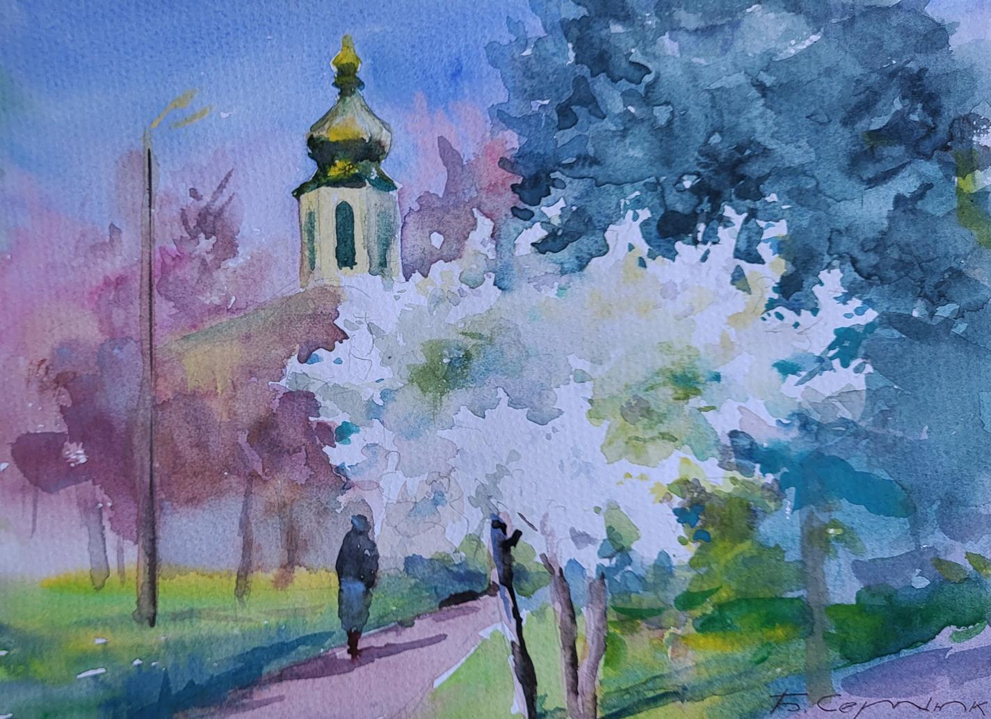 Watercolor painting of Boris Serdyuk church with golden dome and spring blooms
