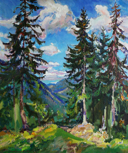 Vibrant oil painting Sunny day Leonid Pavlenko: pine trees blue sky clouds
