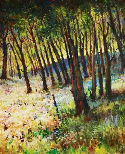 Vibrant impressionist oil painting of sunlit Pleasant summer forest by Vitaly Duhnevich