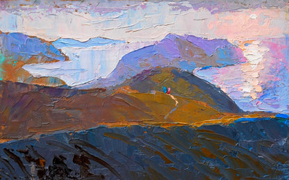 Oil painting of textured purple mountain landscape by Egor Shvachunov