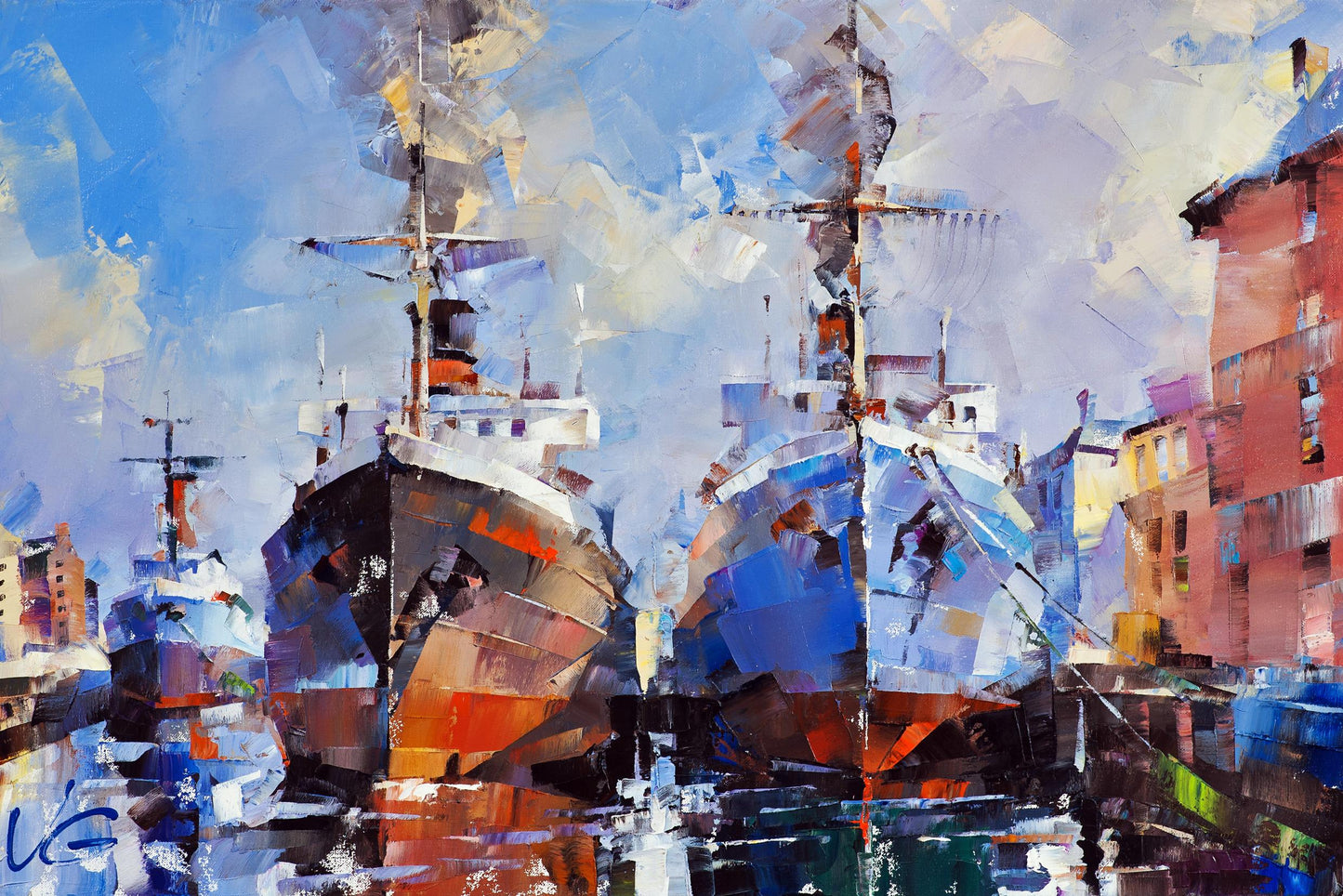 Oil painting Frosty morning by Volodymyr Gluhomanyuk: ships in harbor