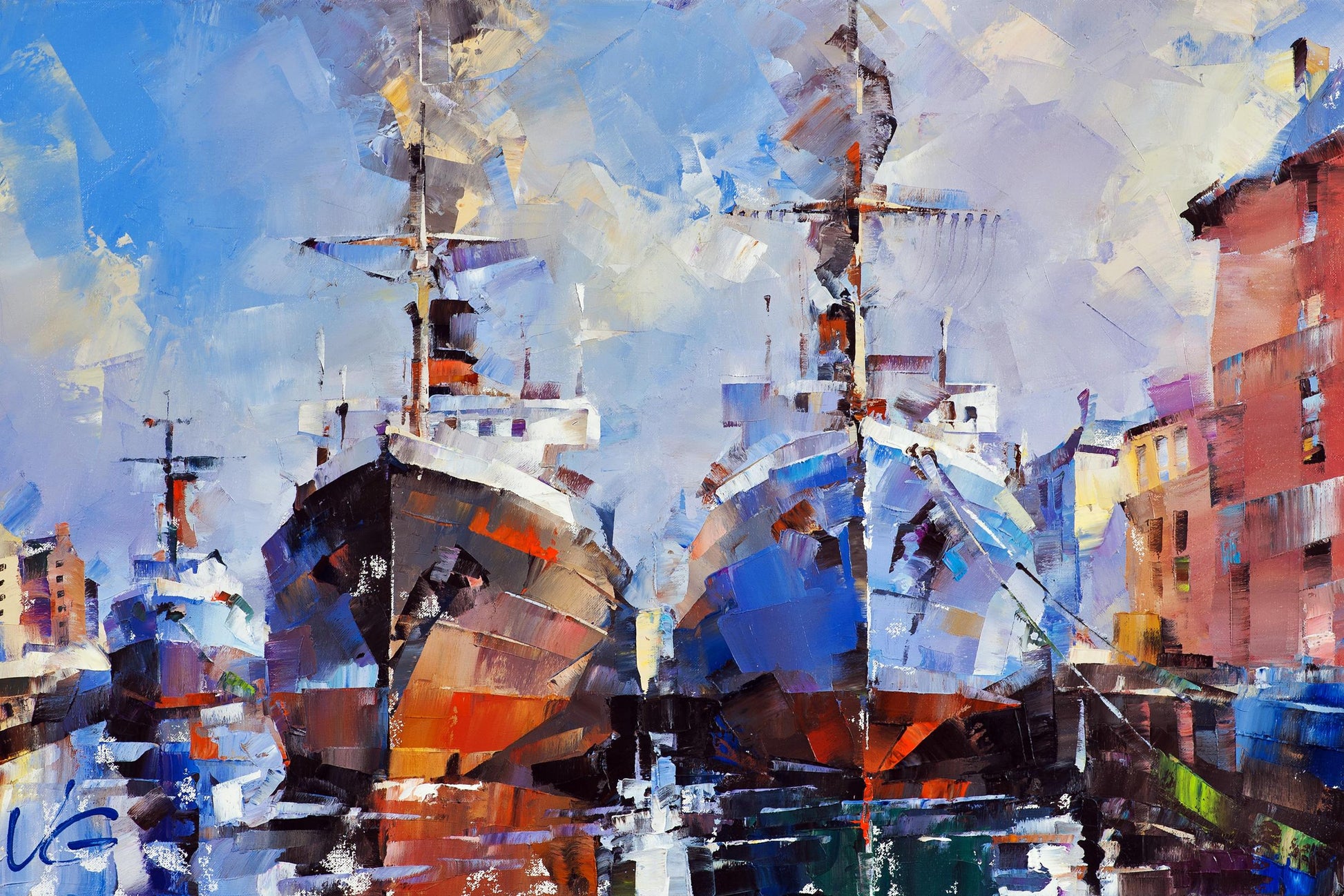 Oil painting Frosty morning by Volodymyr Gluhomanyuk: ships in harbor