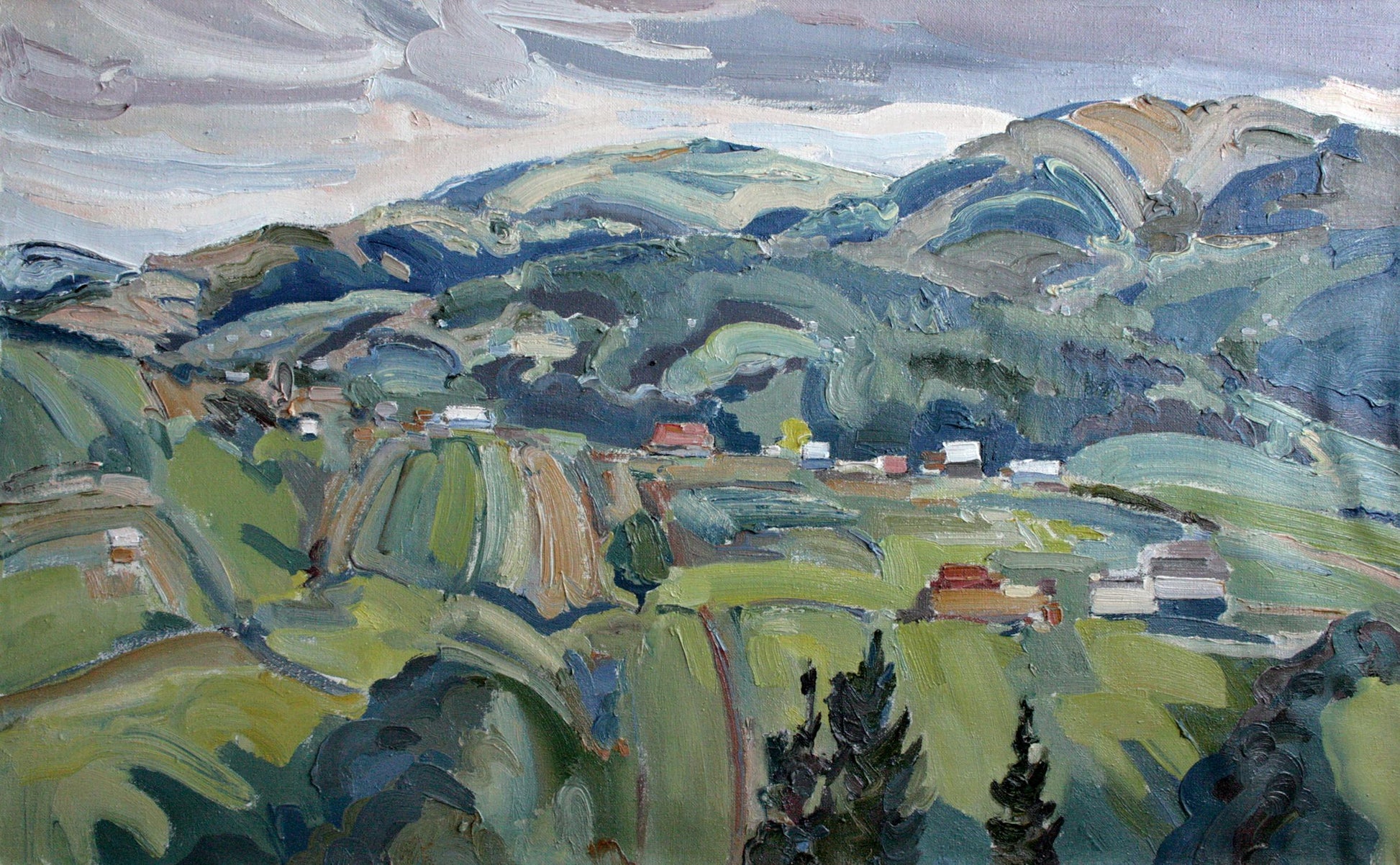 Vibrant Malachite Mountains oil painting by Leonid Pavlenko with green hills