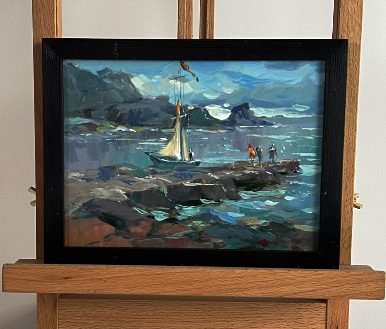 Oil painting of sailboat near seashore by Yuriy Suprunchuk in black frame