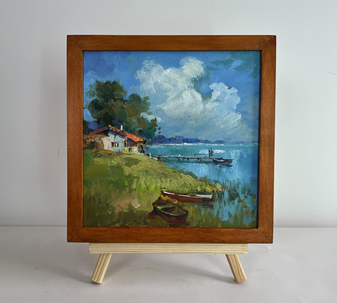 Oil painting of house near river by Yuriy Suprunchuk lakeside scene