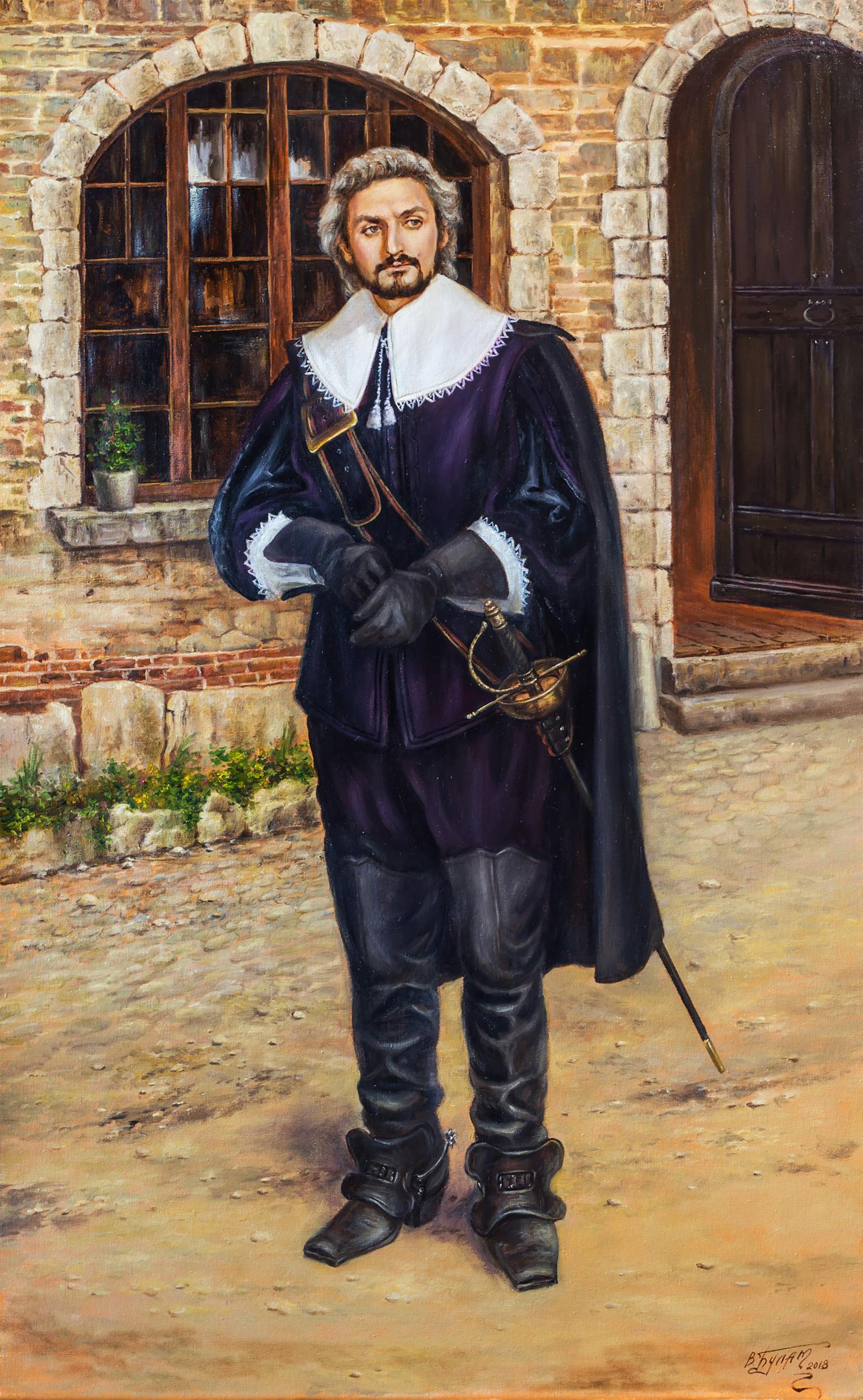 Oil painting of man in 16th-century blue velvet doublet I rarely laugh Valeriy Bulat