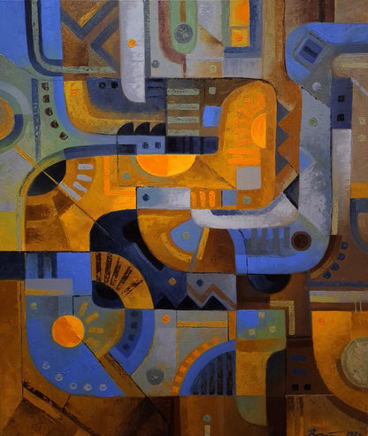 Oil painting October sunshine by Sergiy Voichenko, abstract blue orange brown shapes