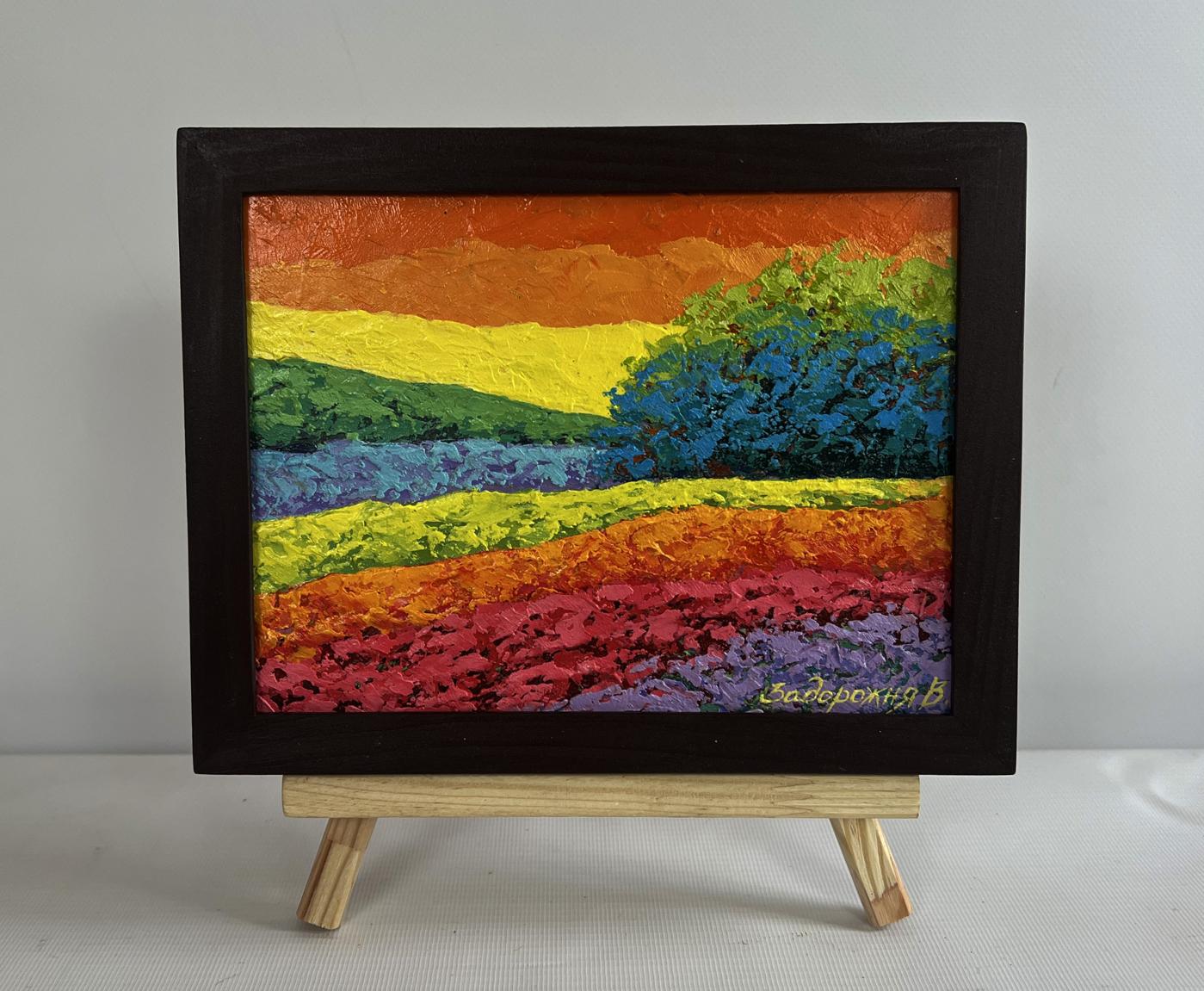 Fiery sunset on horizon oil painting by V. Zadorozhnya in black frame