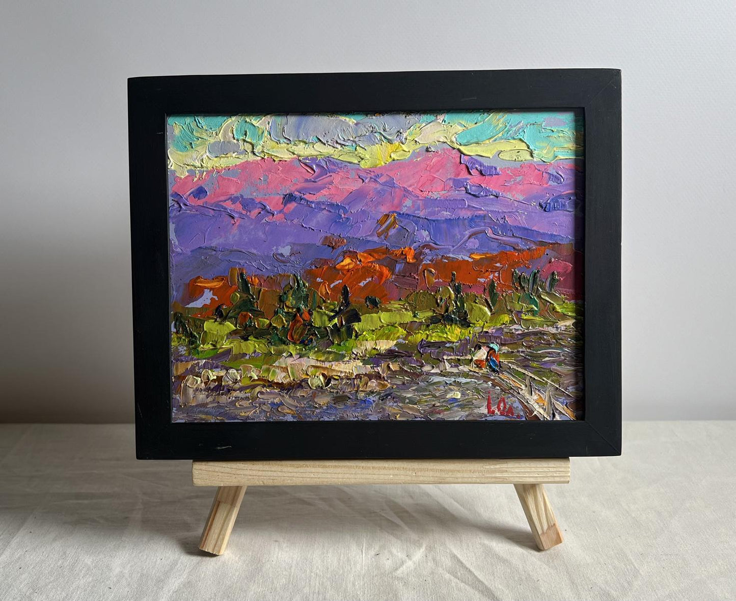 Vibrant oil painting of pink purple mountain peaks and fresh stream by Oleksiy Ivanyuk