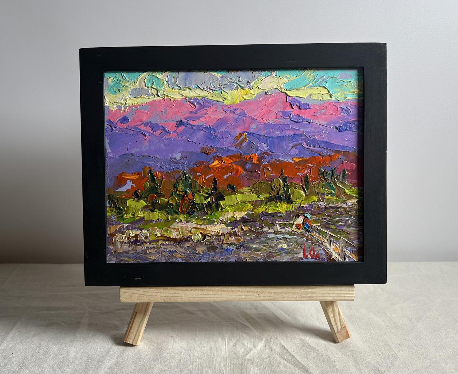 Vibrant oil painting of pink purple mountain peaks and fresh stream by Oleksiy Ivanyuk