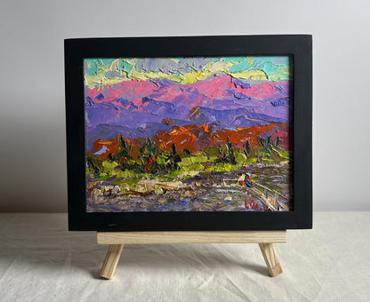 Vibrant oil painting of pink purple mountain peaks and fresh stream by Oleksiy Ivanyuk