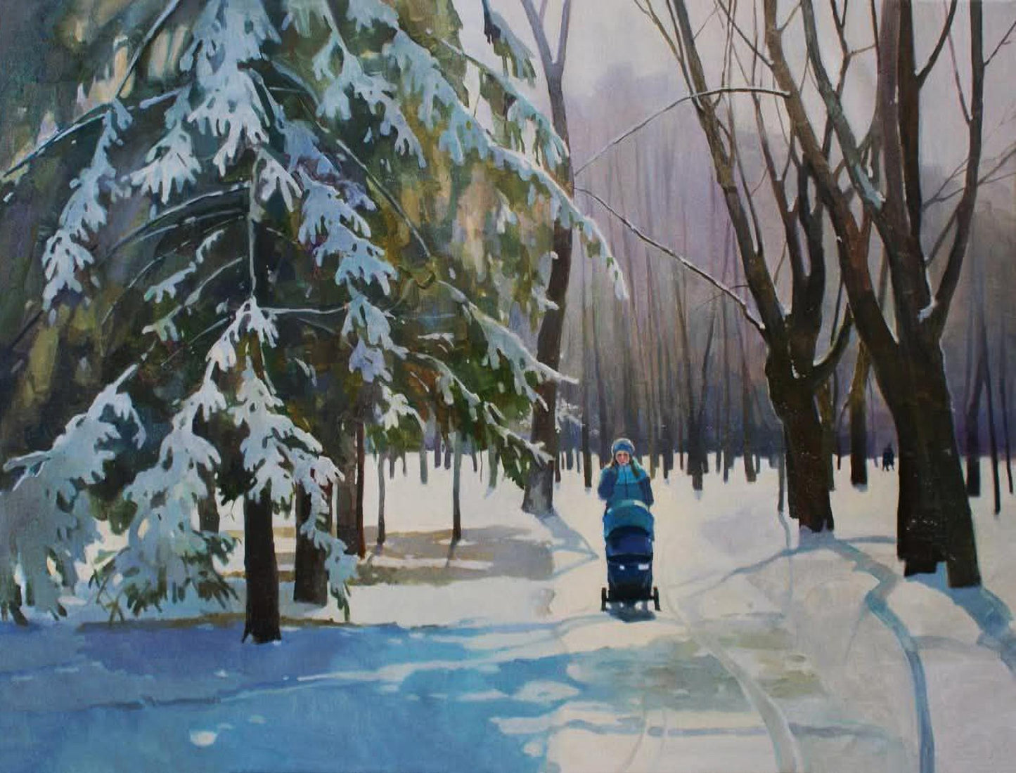 Oil painting Walk in the park by Anastasia Yaroshevich: serene snowy path with evergreens