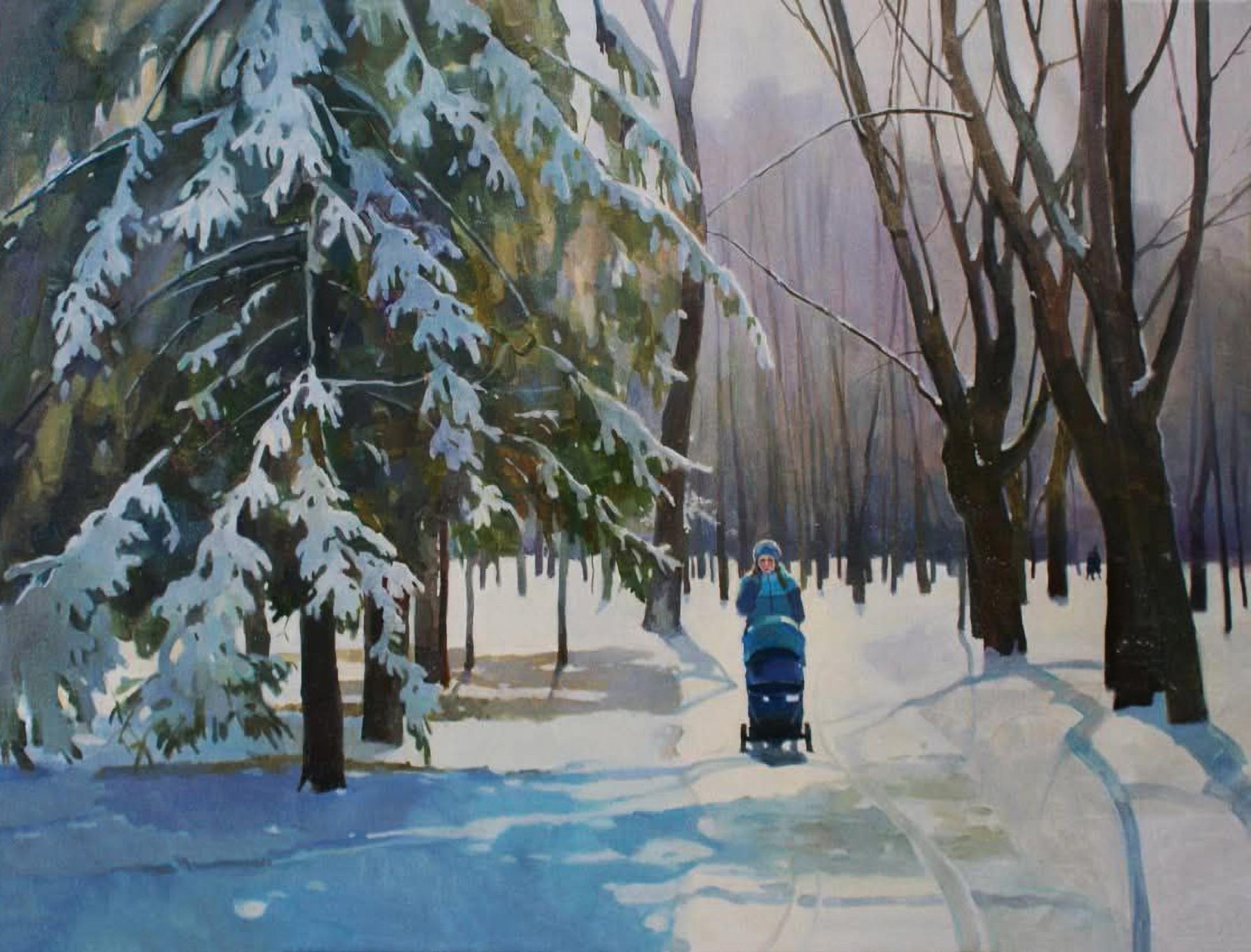 Oil painting Walk in the park by Anastasia Yaroshevich: serene snowy path with evergreens