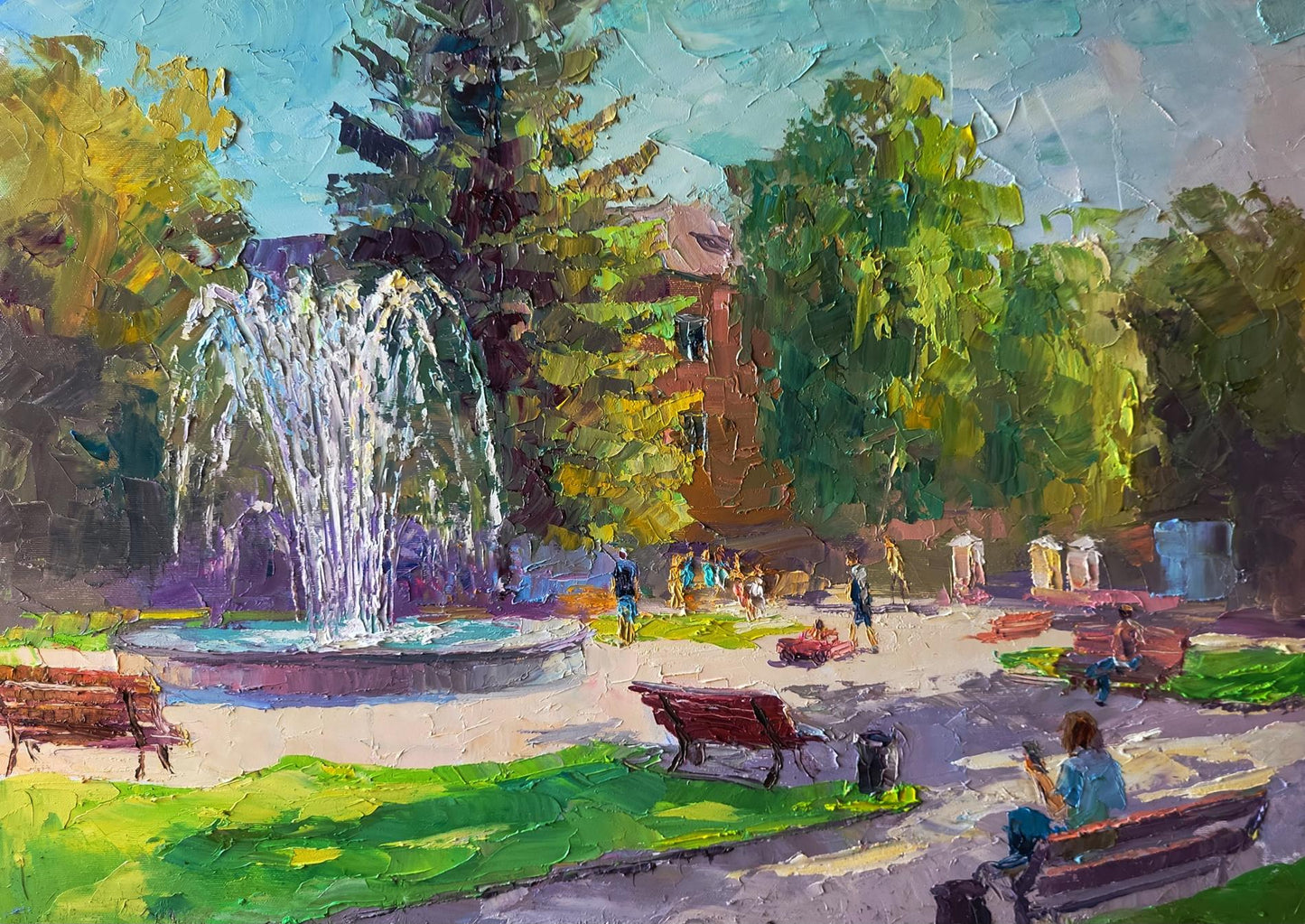 Vibrant oil painting of city park fountain by Boris Serdyuk