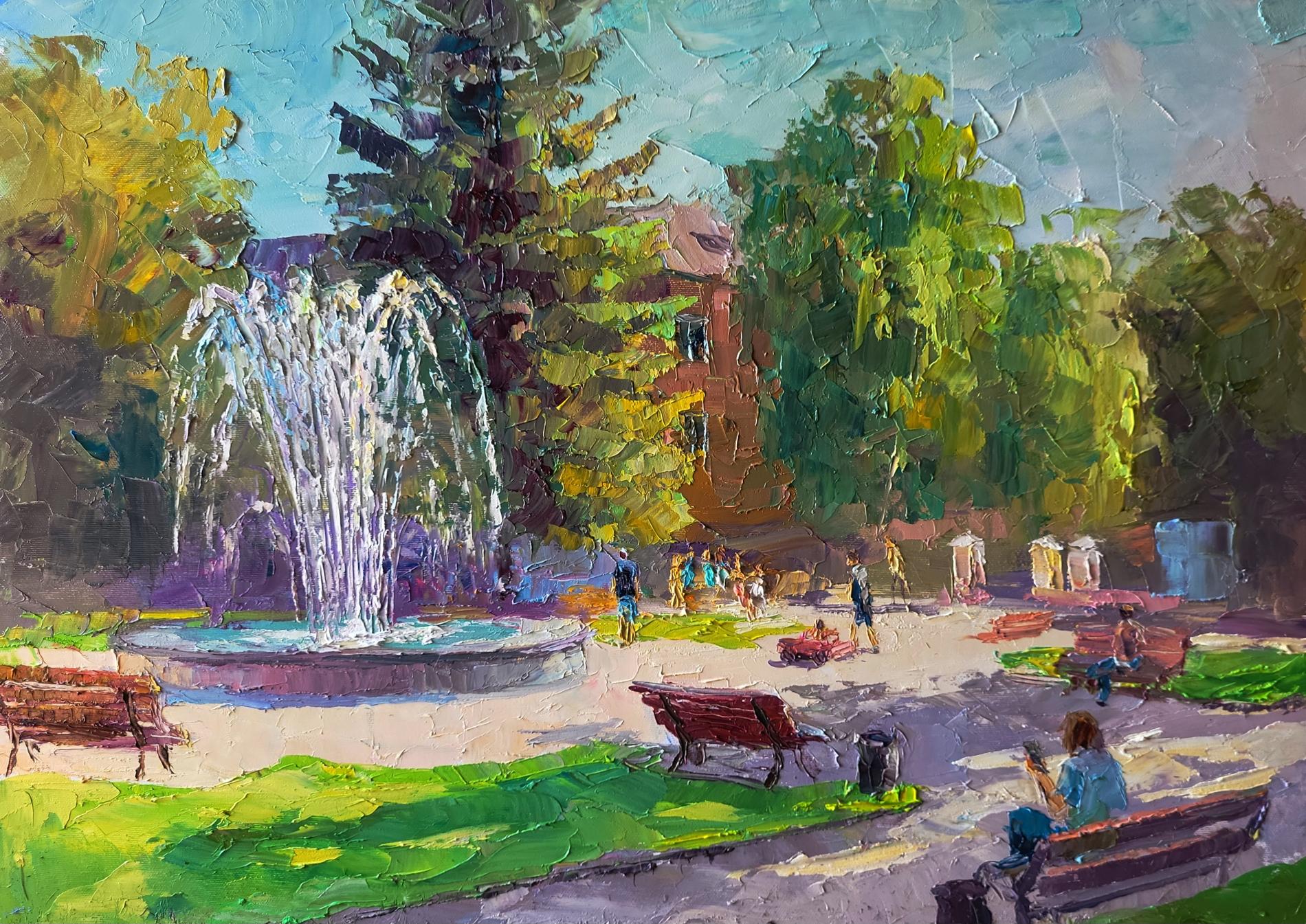 Vibrant oil painting of city park fountain by Boris Serdyuk