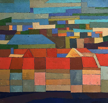 Vibrant abstract oil painting of Serhiy Kovalev City Hall village with colorful geometric rooftops