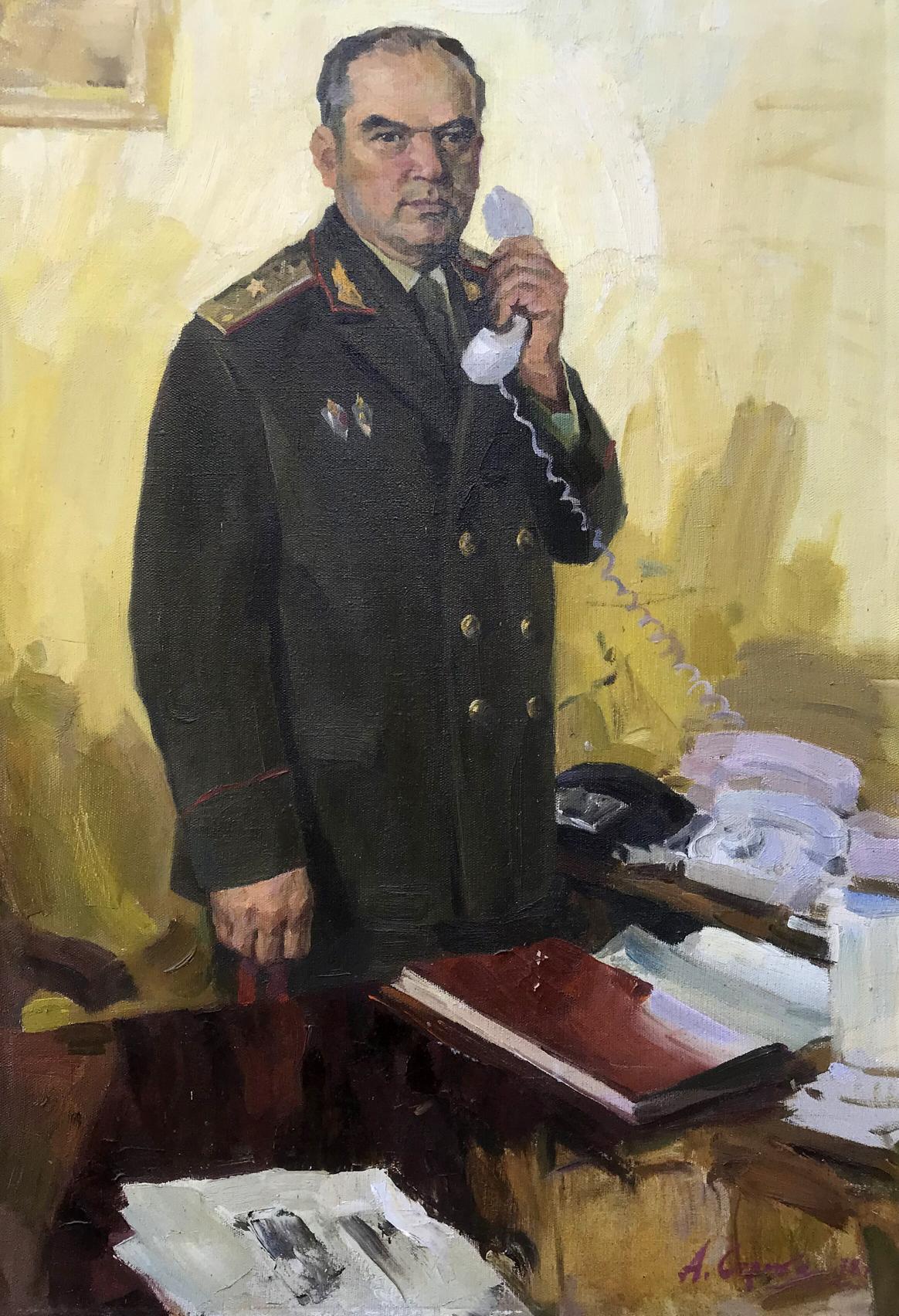 Oil painting portrait of KGB Major General Koval A.S. Soroka with phone