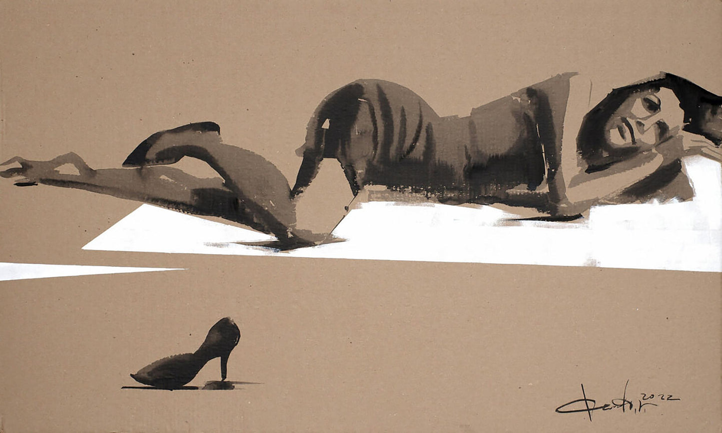 Monochrome acrylic painting of single black pointed-toe high-heeled shoe by Dima Filatov
