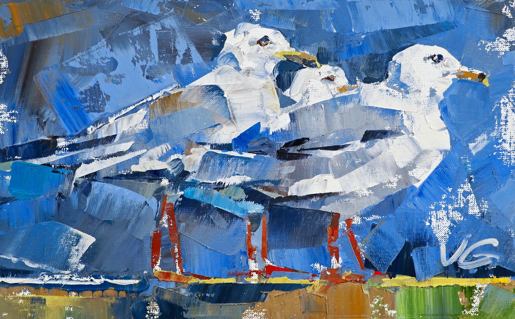Oil painting Three Little Birds by Volodymyr Gluhomanyuk: textured seagulls in white gray on blue