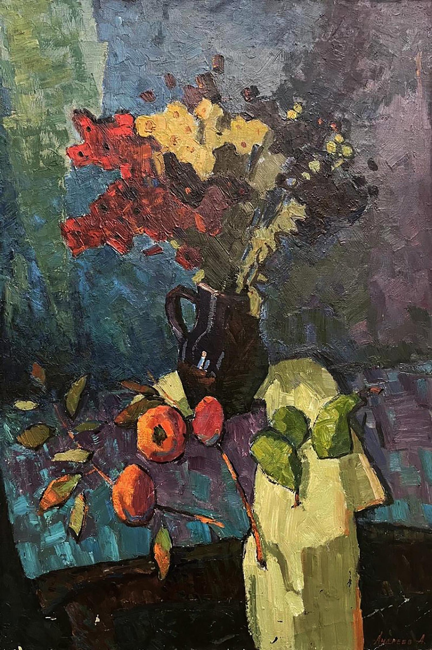 Oil painting of autumn flowers in dark glossy pitcher by Oleksandr Andreev