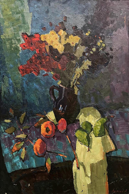 Oil painting of autumn flowers in dark glossy pitcher by Oleksandr Andreev