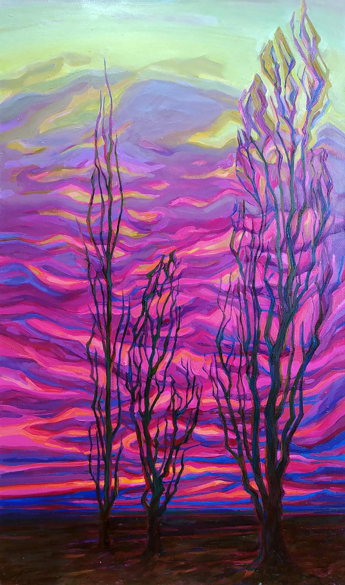 Vibrant Glow oil painting by Leonid Pavlenko: silhouetted trees in magenta sky