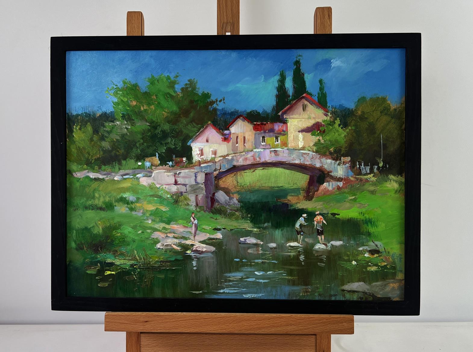 Oil painting Relaxing by the river on a summer day by Yuriy Suprunchuk in black frame