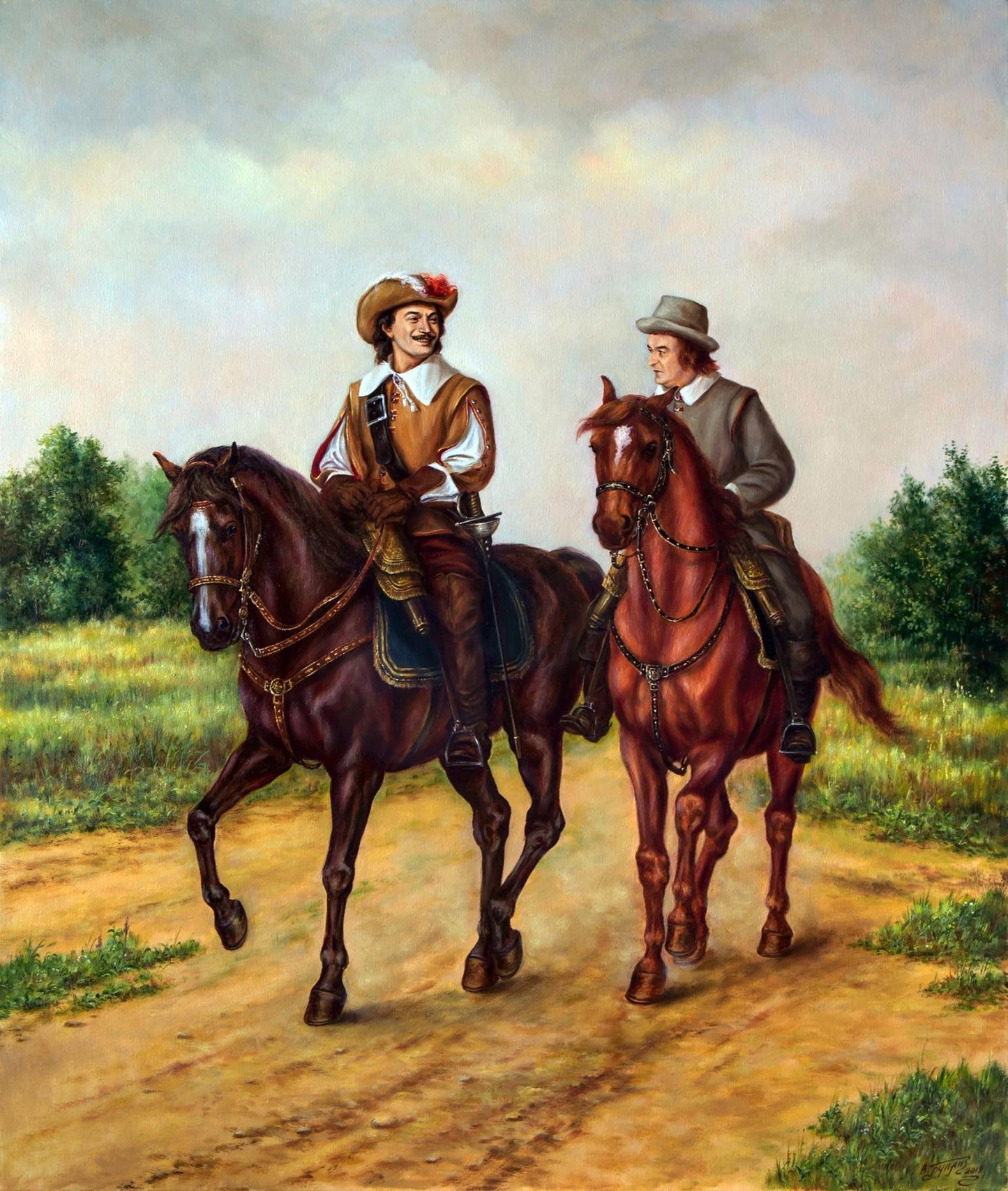 Oil painting Provincial air Valeriy Bulat: two men on horses along dirt path