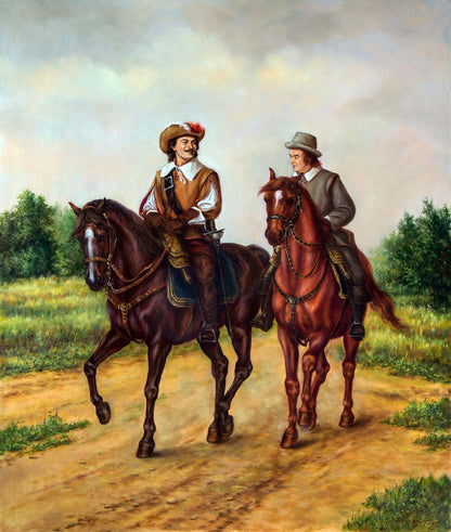 Oil painting Provincial air Valeriy Bulat: two men on horses along dirt path