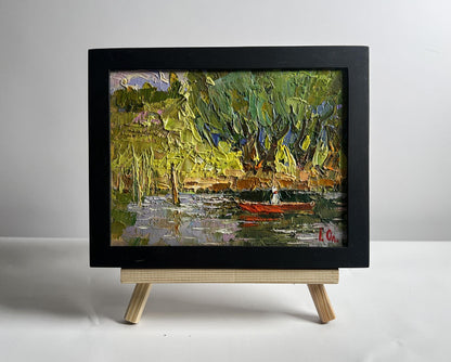 Oil painting Summer boat vacation by Oleksiy Ivanyuk red boat scene