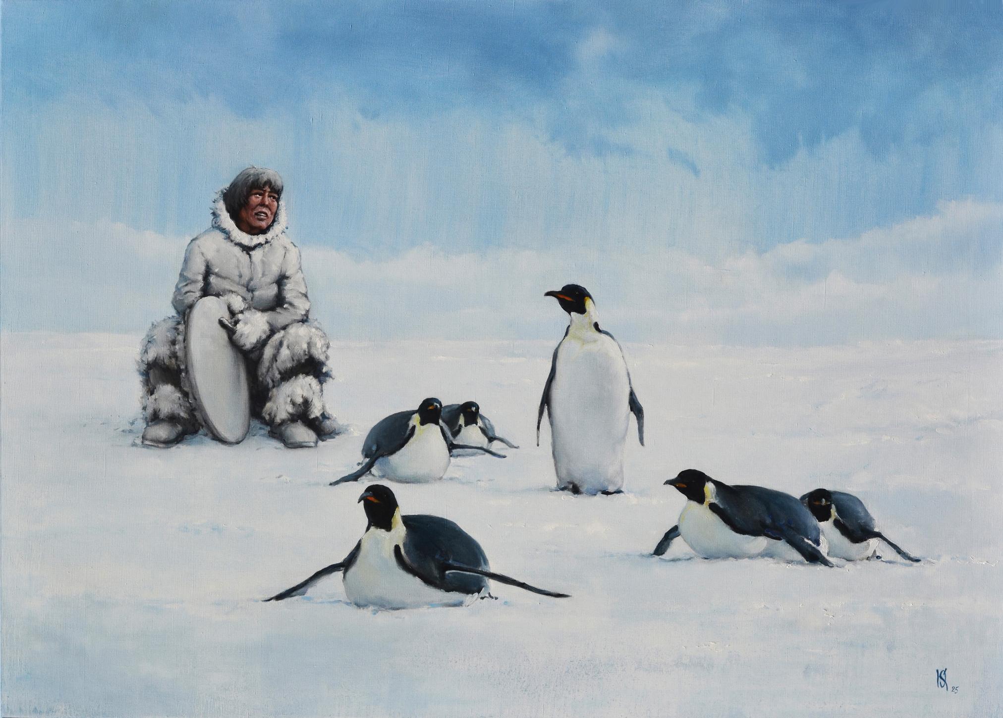 Oil painting of man in arctic attire with emperor penguins by Oleg Kateryniuk