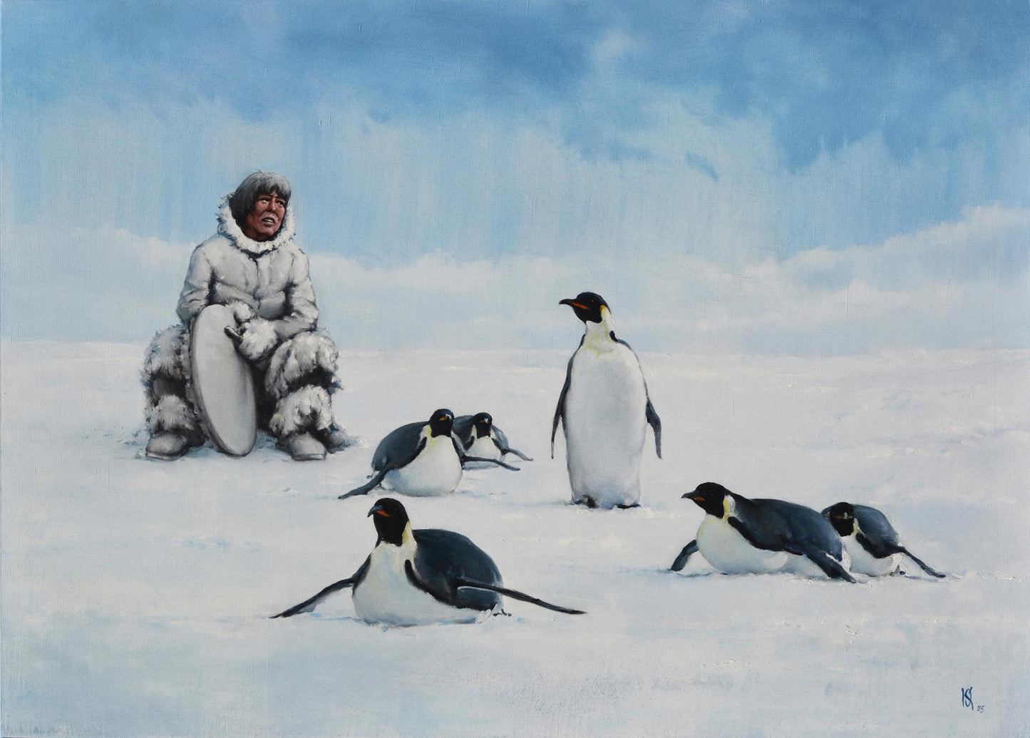 Oil painting of man in arctic attire with emperor penguins by Oleg Kateryniuk