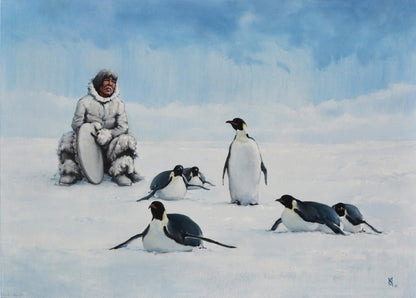 Oil painting of man in arctic attire with emperor penguins by Oleg Kateryniuk