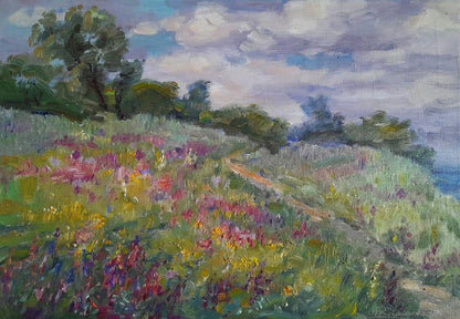 Vibrant oil painting by Ivan Kovalenko: path through sunlit wildflower meadow