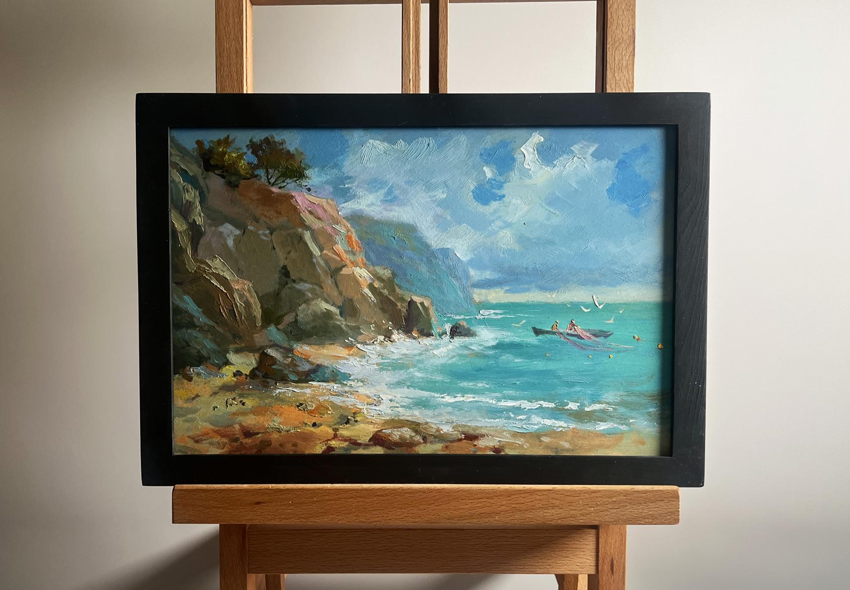 Framed oil painting Sailing to the Shore on a Boat by Yuriy Suprunchuk
