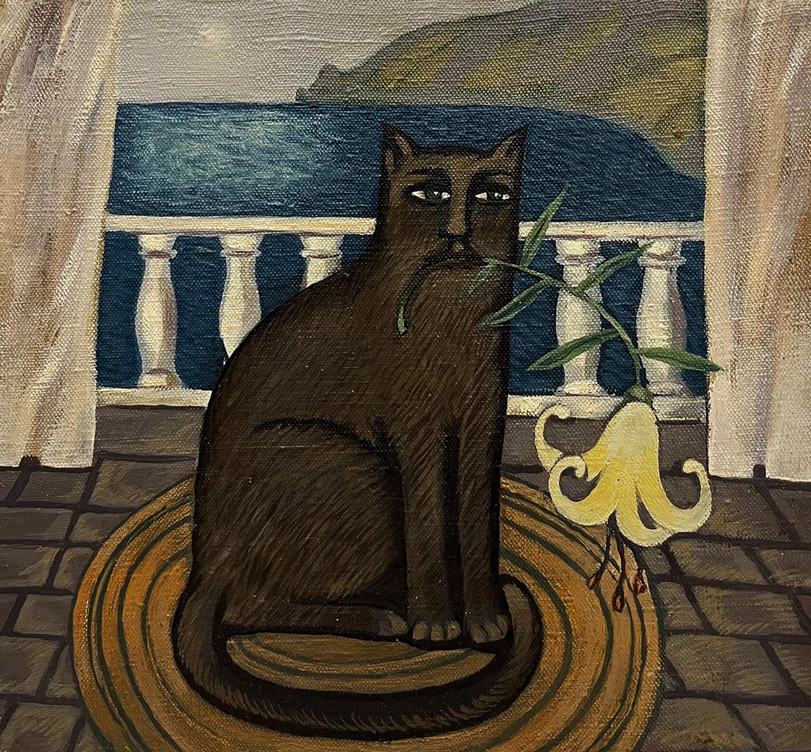 Oil painting Kitty by Yana Pervyakova: dark brown cat with lily on wooden platform